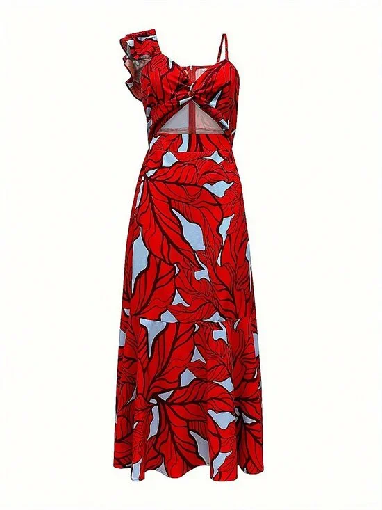 Red Boho Women's Floral Print High Waist Dress with Spaghetti Straps Party - Picture 2 of 3